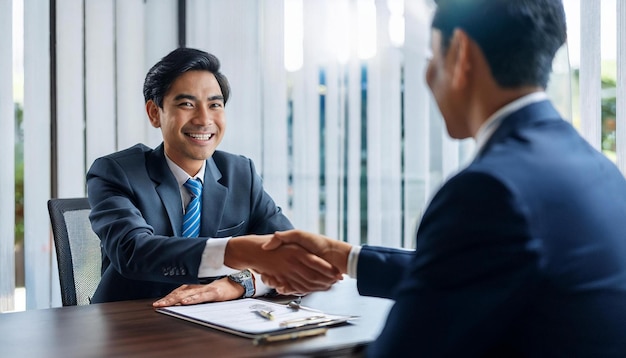 A job candidate shaking hands with an interviewer at the end of a successful  interview | Premium AI-generated image